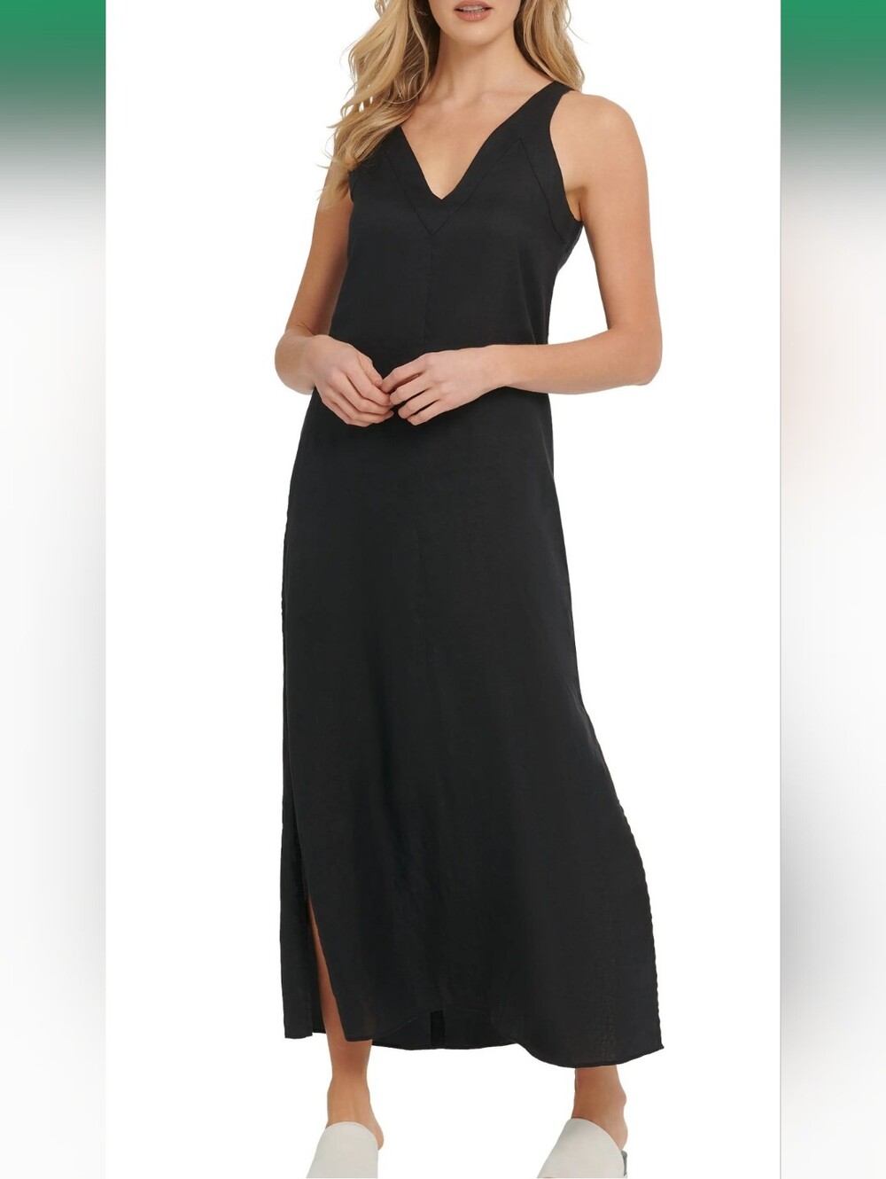 NWT DKNY Black V-Neck Linen Maxi Dress Sleeveless Slit - Women's Size Small